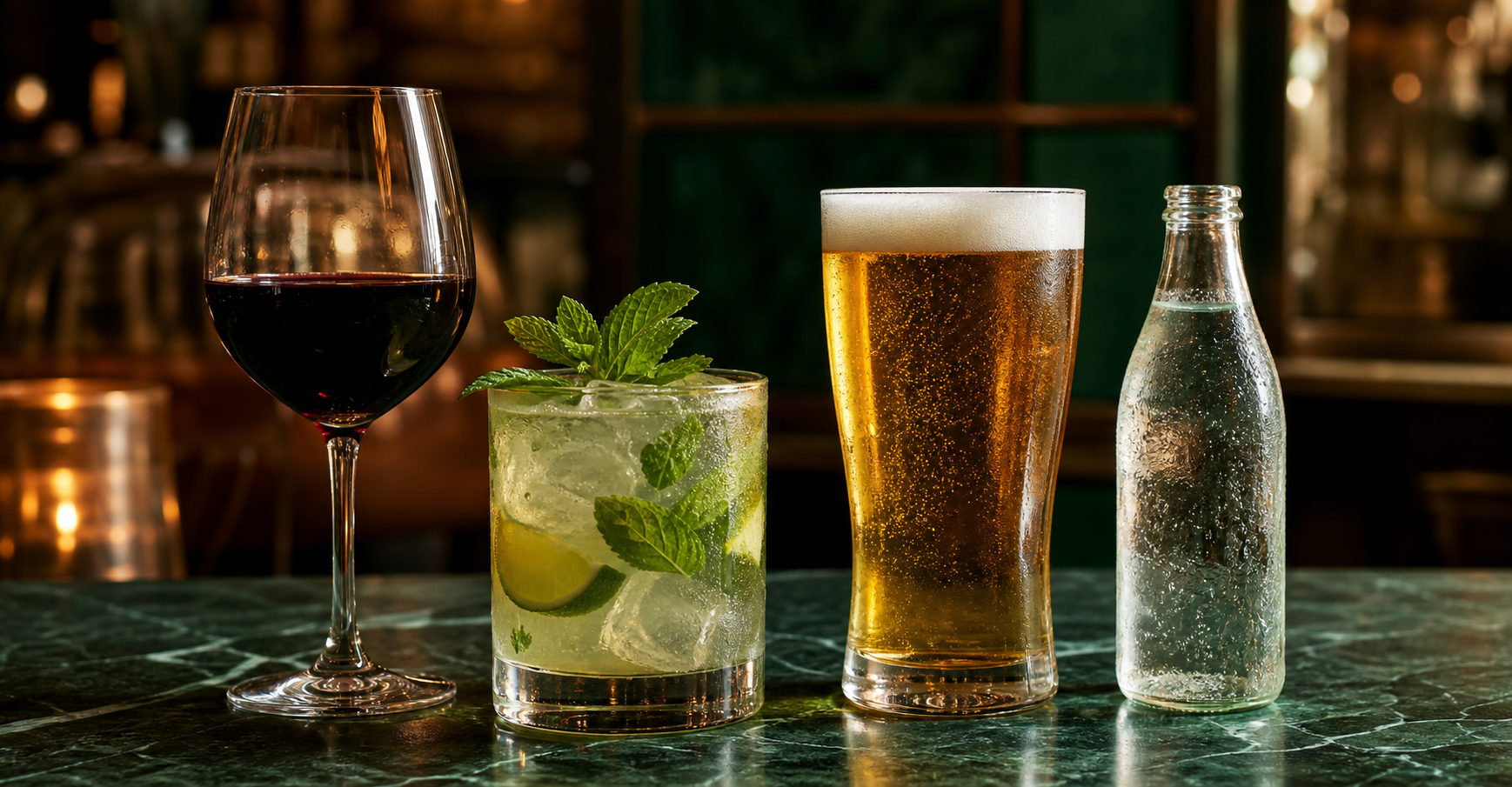 Wine, a lime and mint mocktail, lager and sparkling water