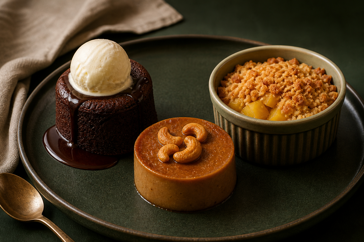 Chocolate fondant, Sri Lankan watalappan and pineapple crumble