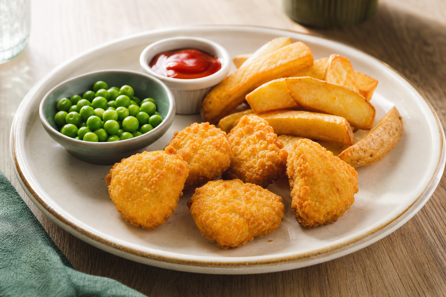 Chicken nuggets, chips, peas and ketchup from the kids menu