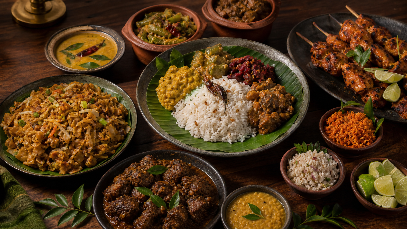 A generous spread of Sri Lankan curries, kottu and grilled dishes